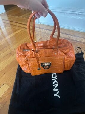 DKNY Vintage Orange Croc-Embossed Satchel with Front Lock